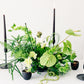 Green floral arrangement with black candles on a white background