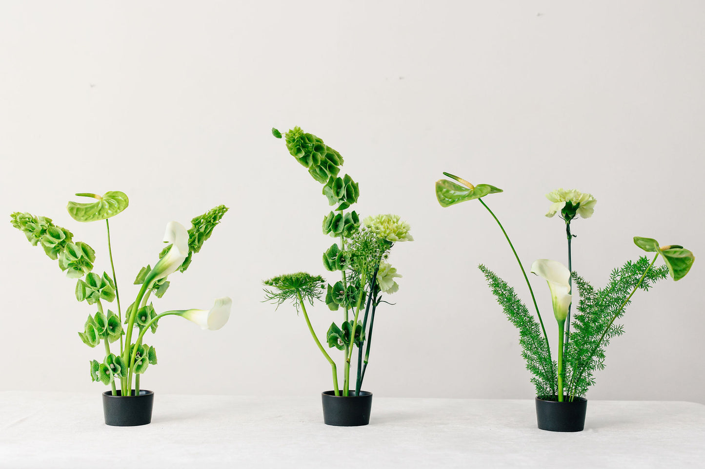 Three ikebana inspired arrangements in black pots on a white surface with a light gray background