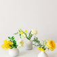 Yellow flowers in white bud vases on a white background