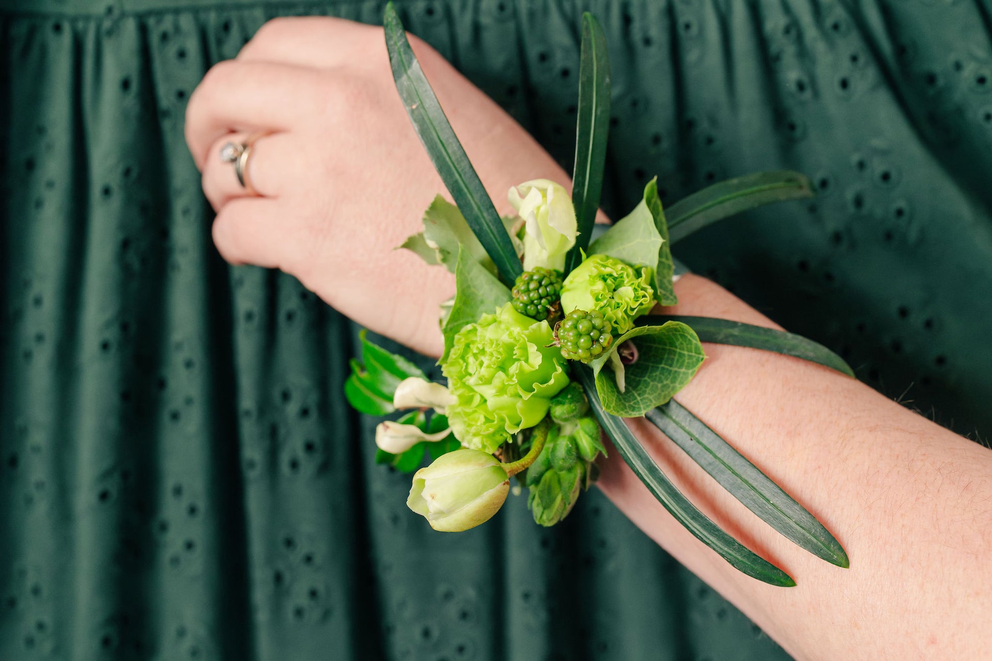 Wrist corsage of all greenery