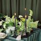 Decorative table setting with candles, flowers, and striped tablecloth against a green curtain.